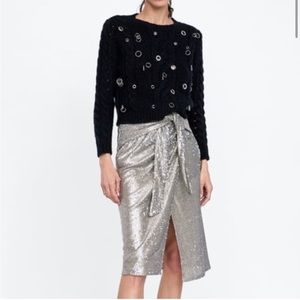 Zara Sequin Silver Knee Length Skirt With Front Tie Size S